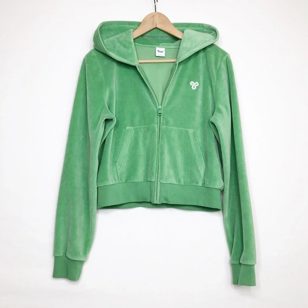 TNA Green velour zip front hoodie